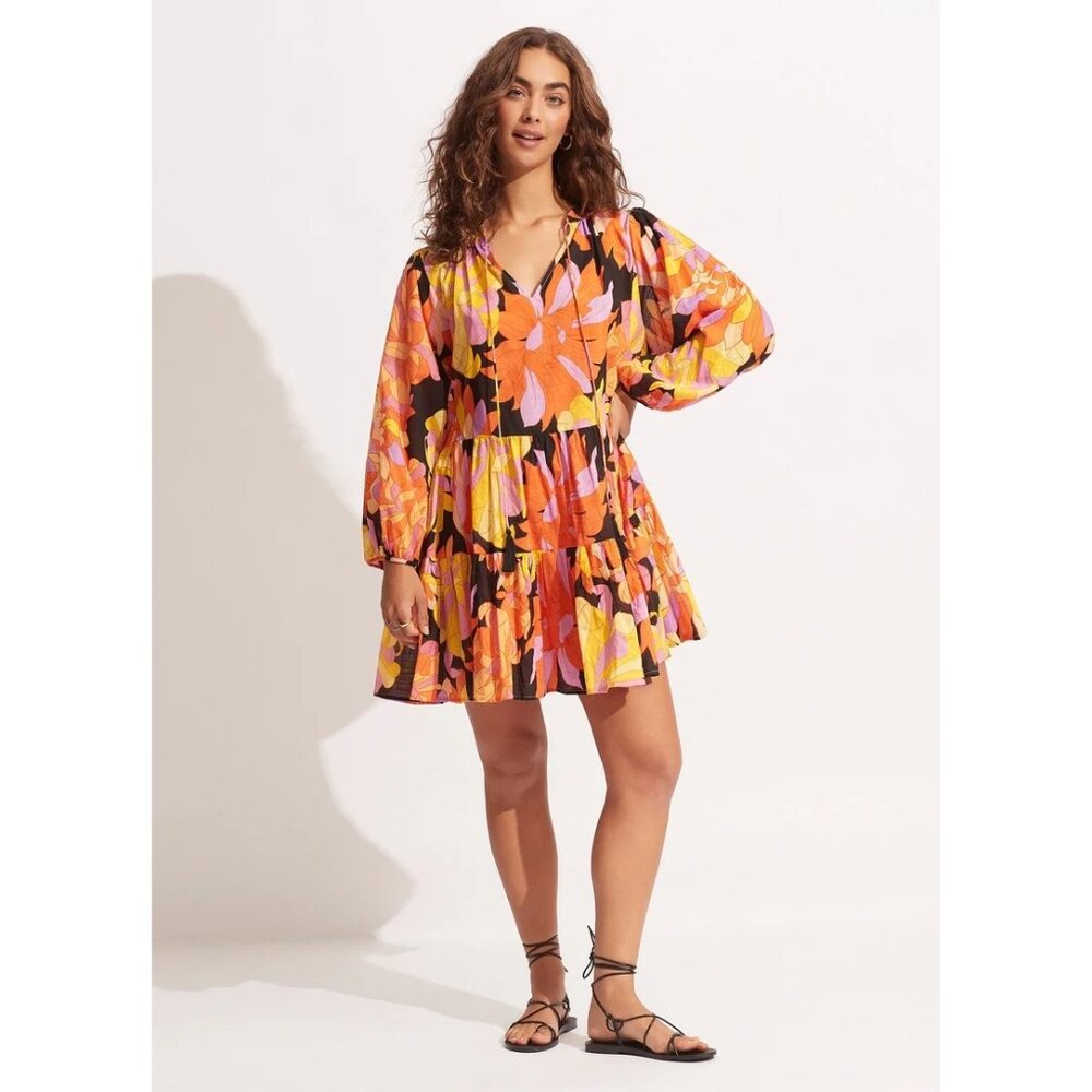 Seafolly Womens Floral Long Sleeve Palm Spring Tier Swing Dress Black‎ S/M NWT